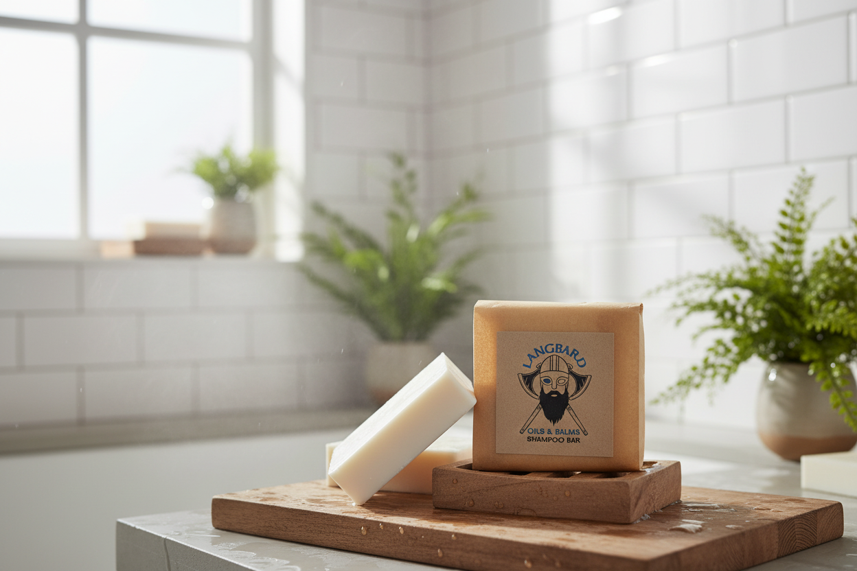 Langbard shampoo bars in bathroom shower setting