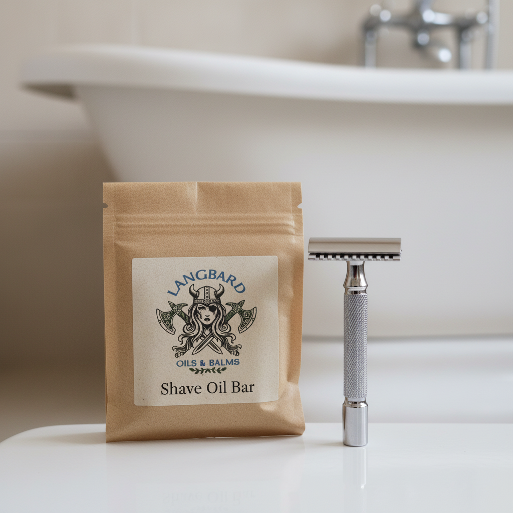 Langbard Shave Oil Bar close-up with razor and bathtub